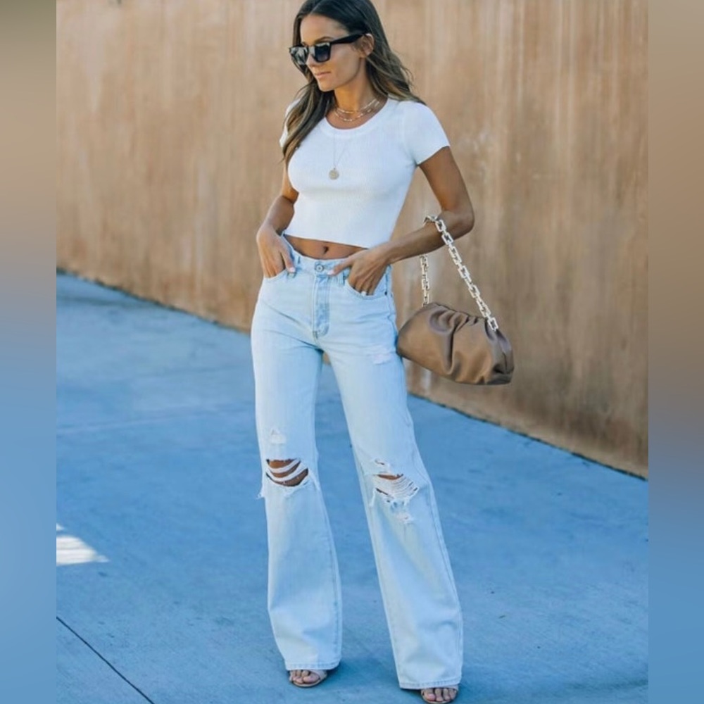 Vici London High Rise 90s Style Distressed Light Wash Denim Flare Wide Leg Jeans
